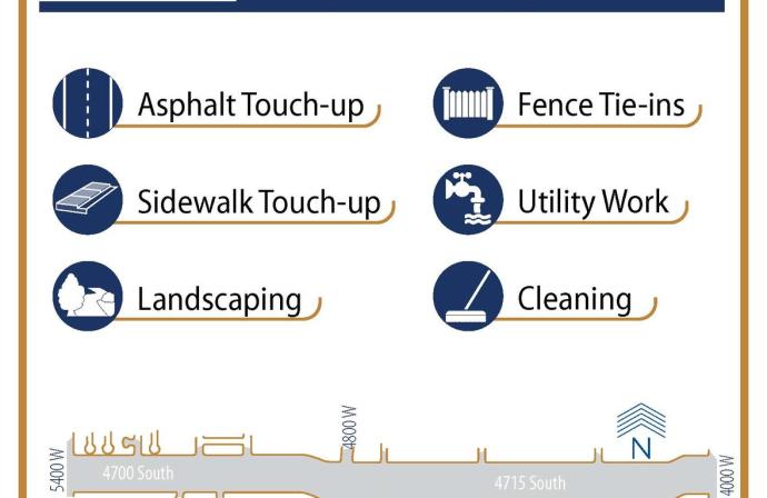 A list of upcoming work on 4700 South, including: Asphalt Touch-Up; Sidewalk Touch-up; Landscaping; Fence Tie-ins; Utility Work; and Cleaning